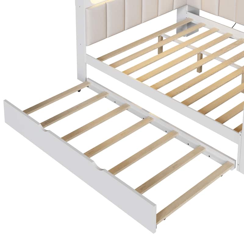 Roomfitters Full Daybed with Trundle, Charging Station and Upholstered Headboard
