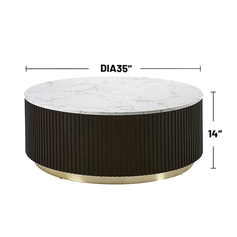 Round Coffee Table with Faux Marble Top in White and Espresso