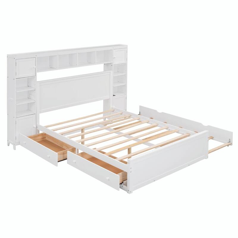 Wooden Bed with Built-in Cabinet, Shelf, and Sockets