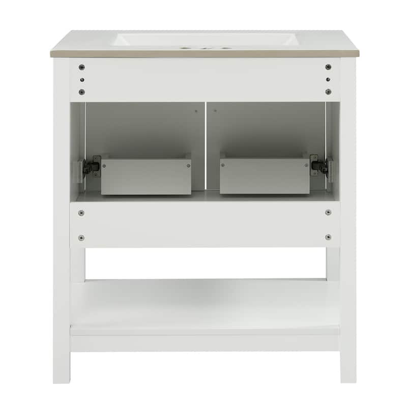 30-Inch Bathroom Vanity with Ceramic Sink, Gold Handles & Storage Shelves - Elegant Space-Saving Design