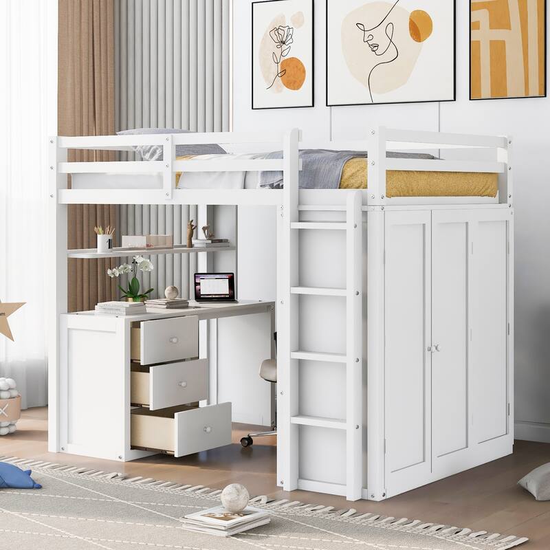 Twin/Full Size High Loft Bed with Built-in Desk and Wardrobe, Wooden Loftbed Bedframe with 3 Drawers, for Kids, Teens, Adults