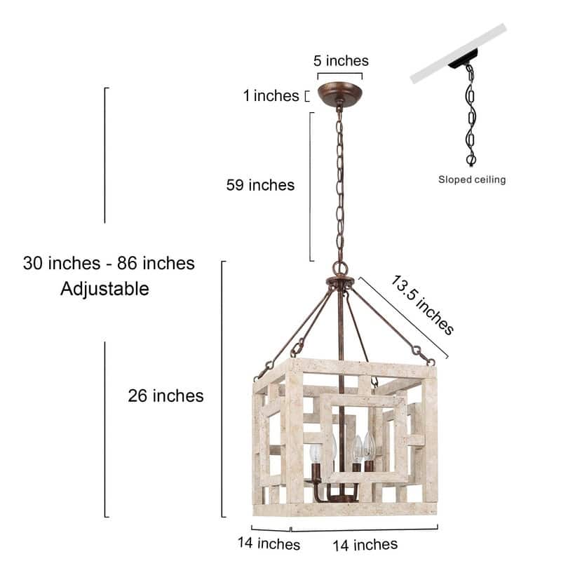 Modern Farmhouse 4-Light Wood Chandelier for Kitchen Island - L13.5"x W13.5"x H 26"