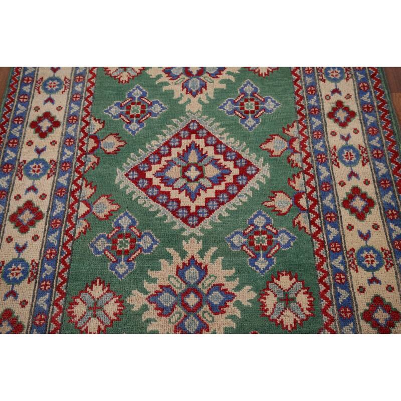 Green Geometric Kazak Oriental Accent Rug Handmade Wool Carpet - 3'4" x 4'10"