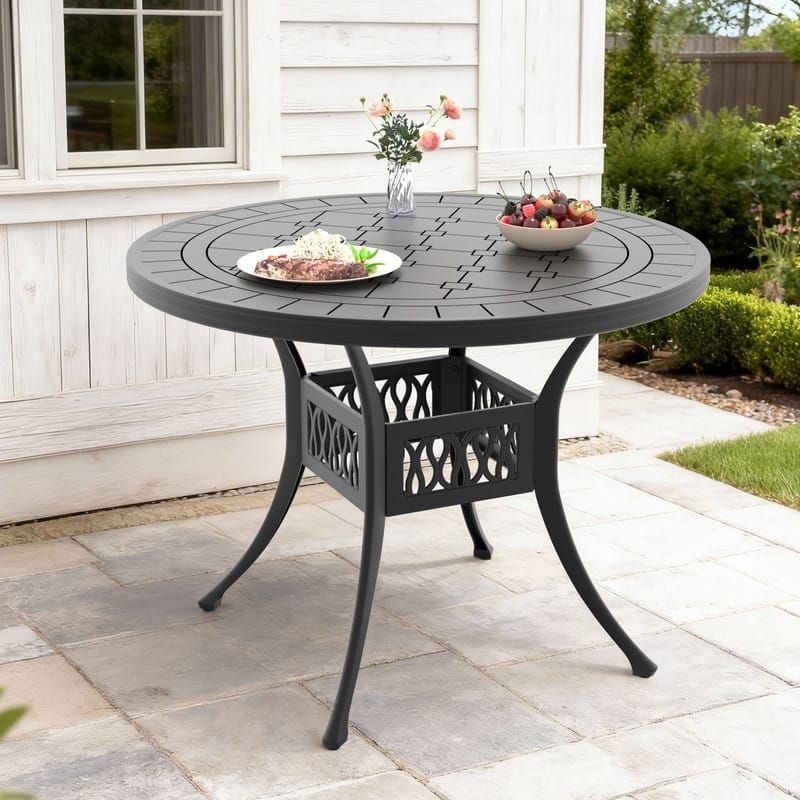 39.37 inch Black Round Cast Aluminum Patio Table with Retro Design