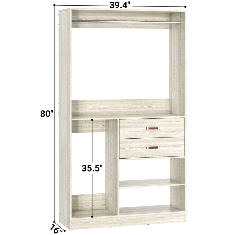 Rackcog Freestanding Closet Organizer with Hanging Rod, Closet System Wardrobe with Wood Drawers