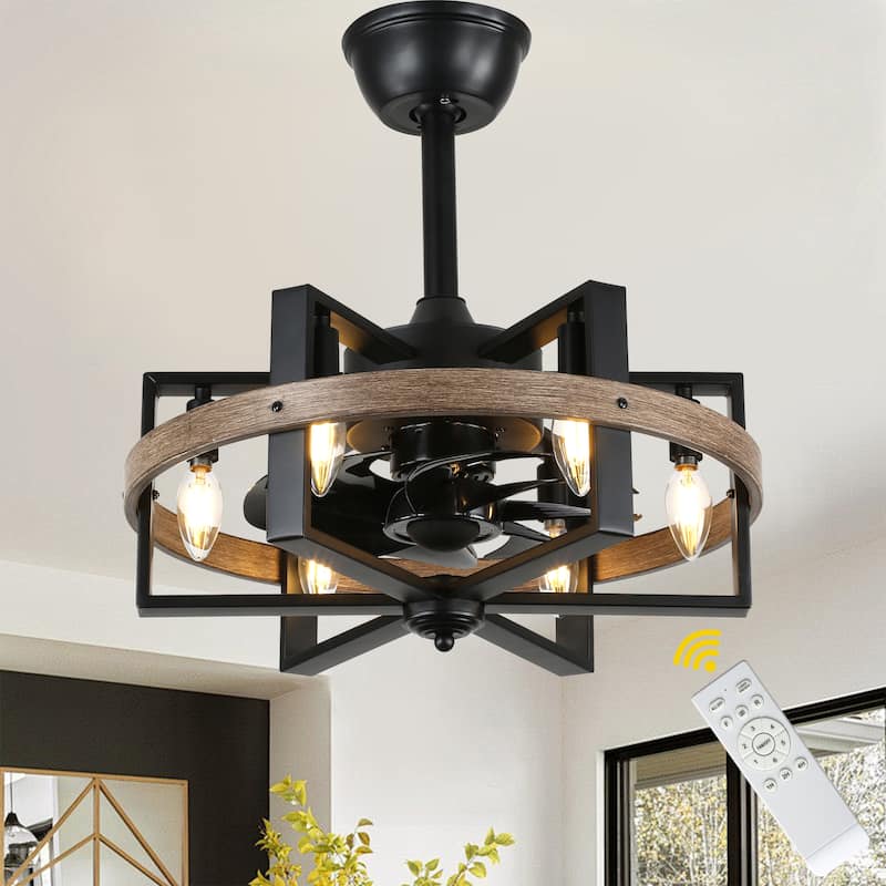 Bella Depot 18" Industrial Ceiling Fan with Light kit and Remote Control, 6-Speed Reversible with Matte Black Metal Caged - 18.5 Inches - Brown