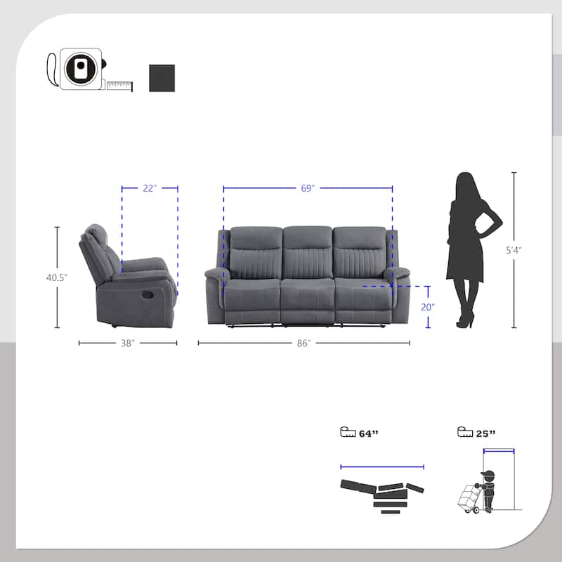 Lenore 3-Piece Microfiber Manual Reclining Sofa Set