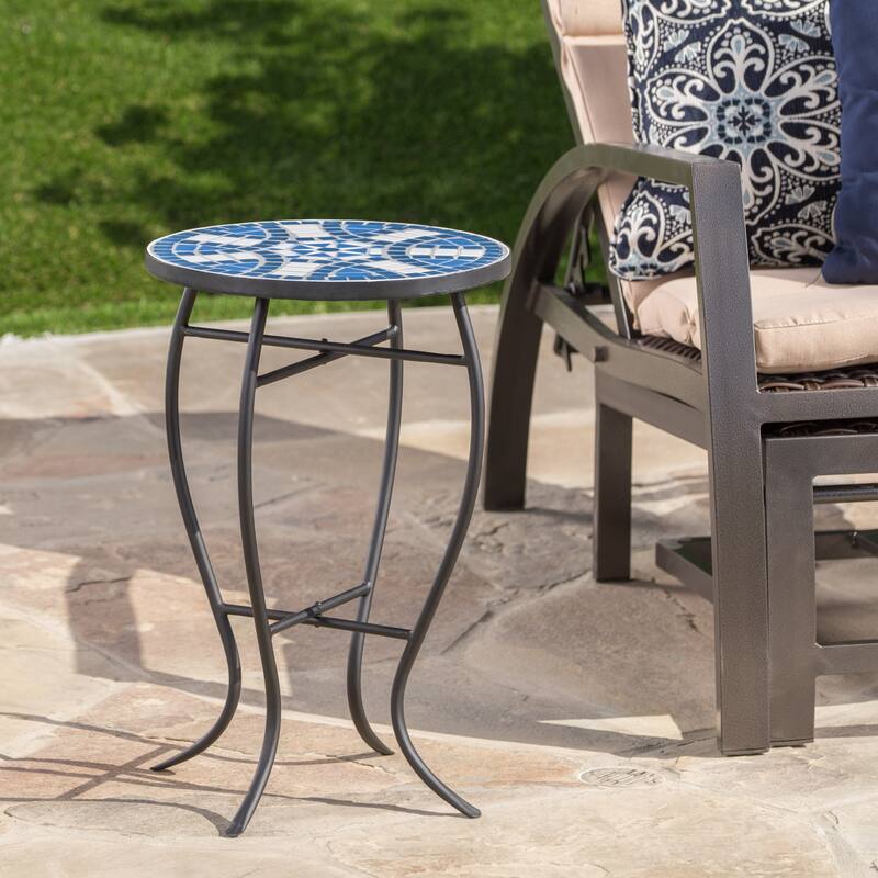 Roomfitters End Table, Round Outdoor Side Table with Blue Mosaic Top and Curved Metal Legs for Patio or Garden, White+Blue