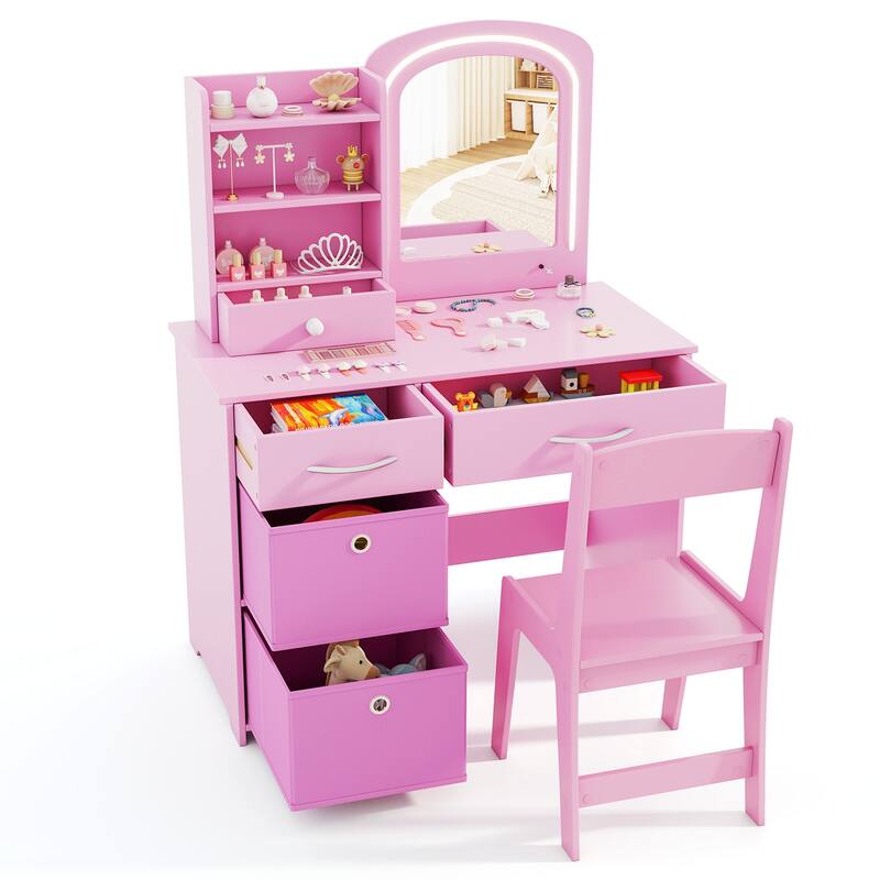 Gymax Kids Vanity Set Princess Makeup Desk & Chair w/ Mirror & Lights - Pink