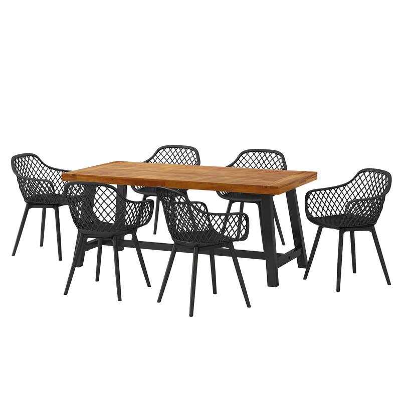 Christopher Knight Home Outdoor 7-Piece Dining Sets Acacia Wood Table with Polypropylene Accent Chairs