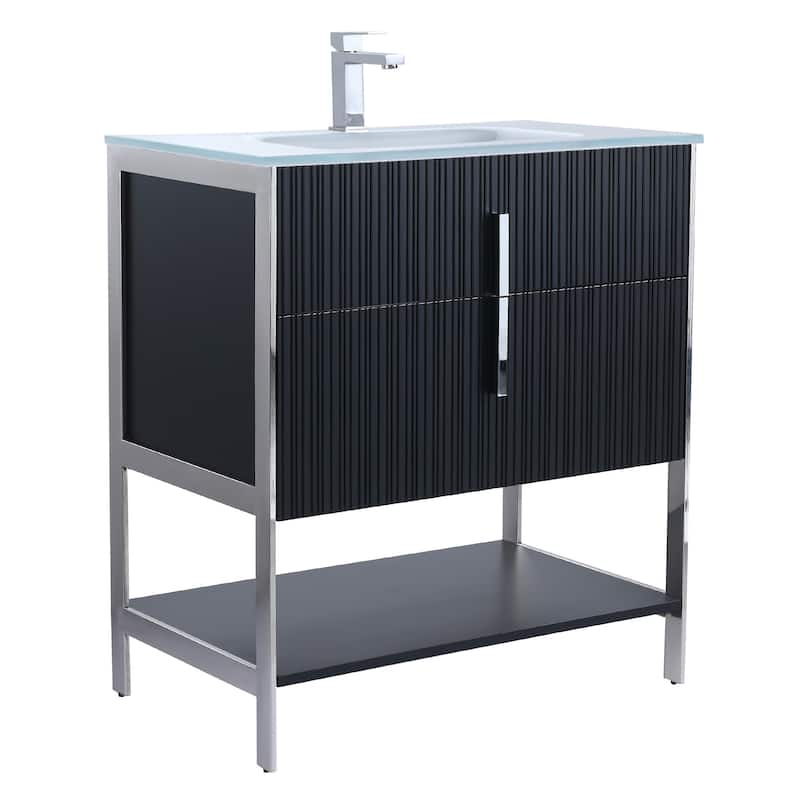Fine Fixtures Serenity Modern Bathroom Vanity with White Glass Top - Black Matte - Chrome Hardware - 30 inch