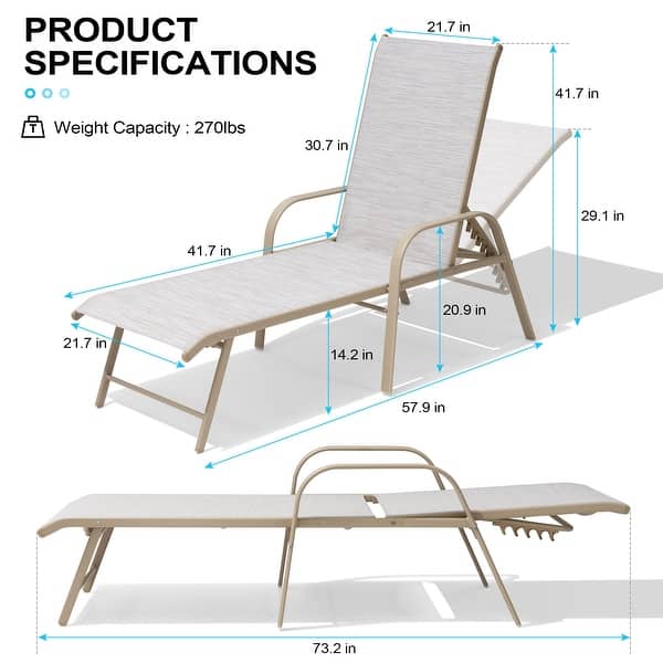 dimension image slide 8 of 9, Outdoor Patio Lounger Aluminum Adjustable Chaise Lounge Chairs with Arms (Set of 2/4) - See Picture