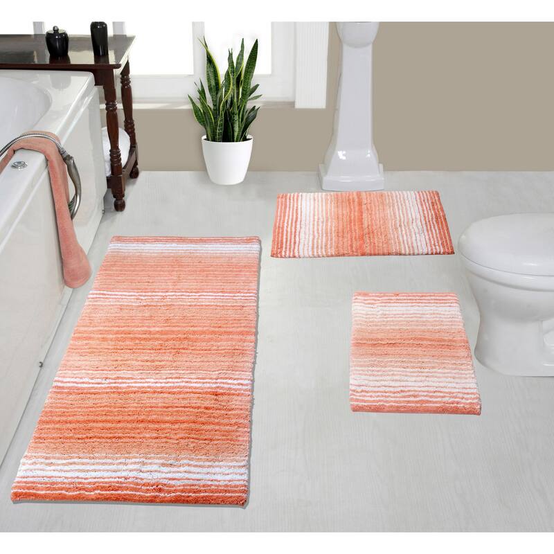 Gradiation Rug Collection 100% Cotton Non-Slip Bathroom Rug Set, Machine Washable Bath Rug, 3 Piece Set with Runner Rug - Coral