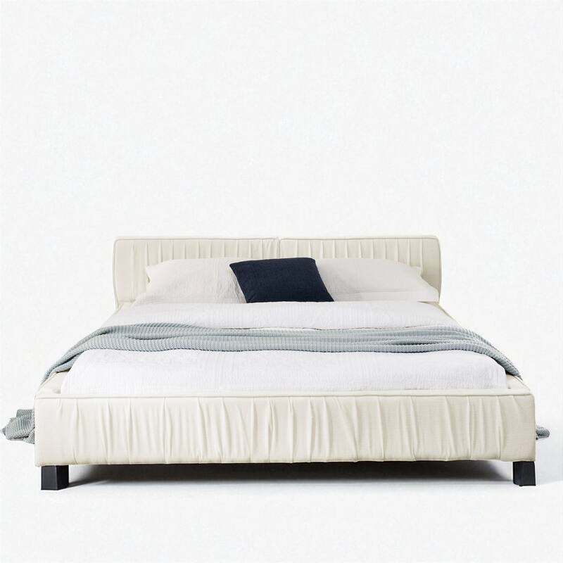 Queen Size Upholstered Platform Bed Frame with Chenille Pleated Headboard, Solid Wood Slats, No Box Spring Needed