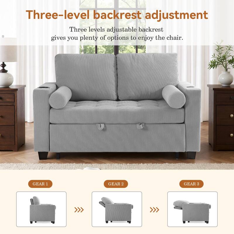 2 Set Corduroy Convertible Sleeper Sofa Bed Loveseats with Cup Holder, USB Ports