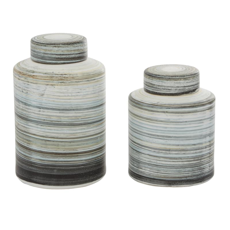 Ceramic Striped Decorative Jars - Set of 2 Gray - Roche River Decor - 8"W x 8"L x 13"H