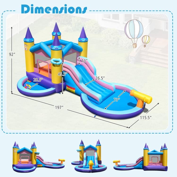 Princess Castle Inflatable Water Park for Kids 7-in-1 Bounce House with Slide, Splash Pool - 197" x 115.5" x 92"