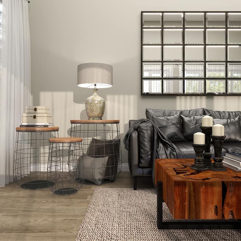 Brown Metal Decorative and Functional Storage Basket with Wood Lids (Set of 3)