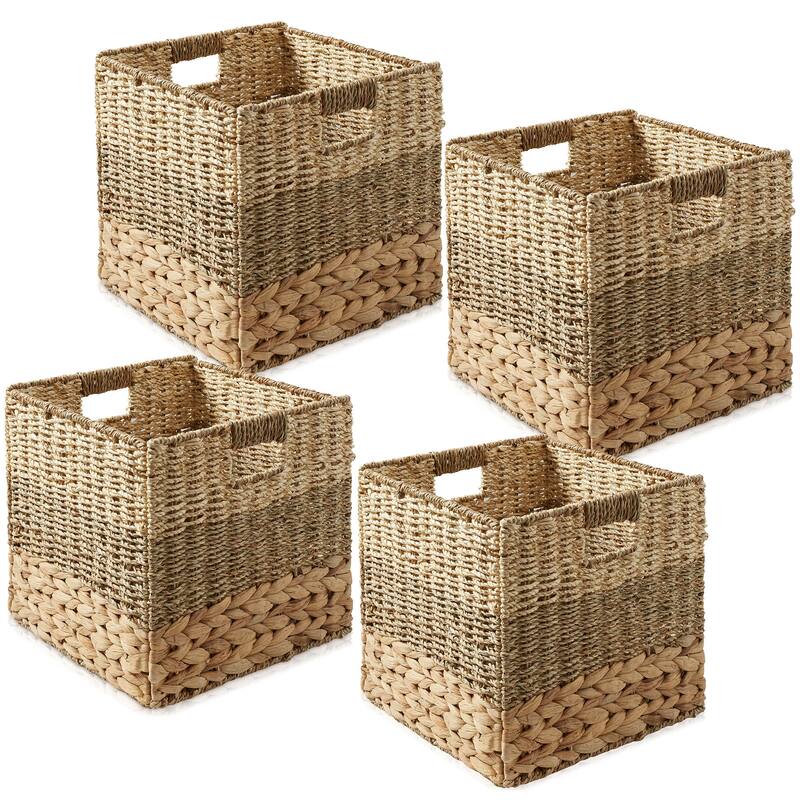 Mixed Weave Hyacinth Seagrass Storage Basket Set Natural Wicker - 10.5" x 10.5", 4-Pack