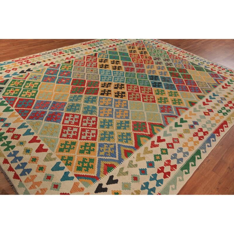 Geometric Trellis Kilim Oriental Rug Hand-Woven Tribal Wool Carpet - 8'9"x 11'4"