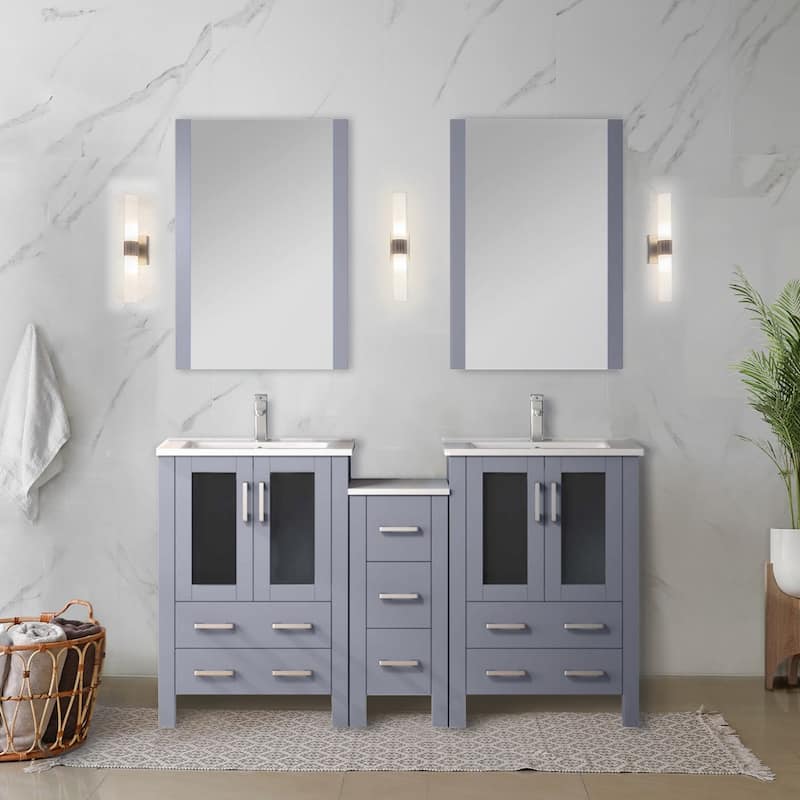 Volez Double Bath Vanity with Side Cabinet, Faucet Set, White Ceramic Top and Mirrors