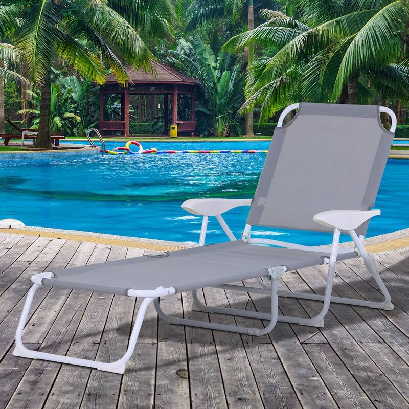 Outsunny Folding Chaise Lounge, Outdoor Sun Tanning Chair, Four-Position Reclining Back, Armrests, Iron Frame & Mesh Fabric - Grey