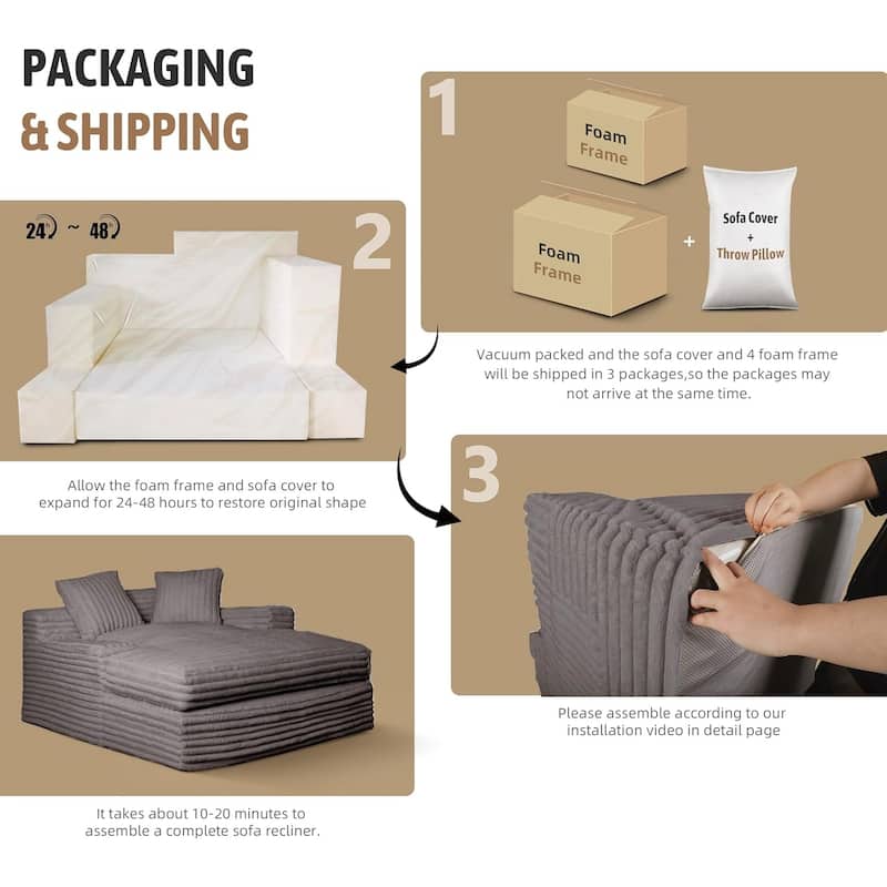 WOWMAX 60" Chaise Lounge Chair, Oversized Chaise Lounge Sofa Soft Short Plush Couch Sofa Bed Sleeper Chair with 2 Throw Pillows