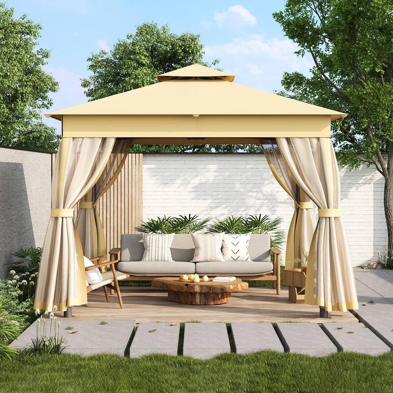 Outdoor Gazebo Tent with Double Roof, Mosquito Netting & Patio Canopy - Beige - 10 x 10