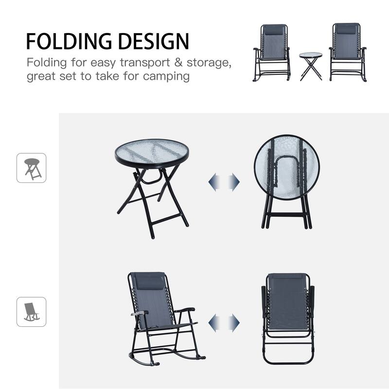 3 Piece Outdoor Rocking Bistro Set, Patio Folding Chair Table Set with Glass Coffee Table for Yard, Patio, Deck, Backyar
