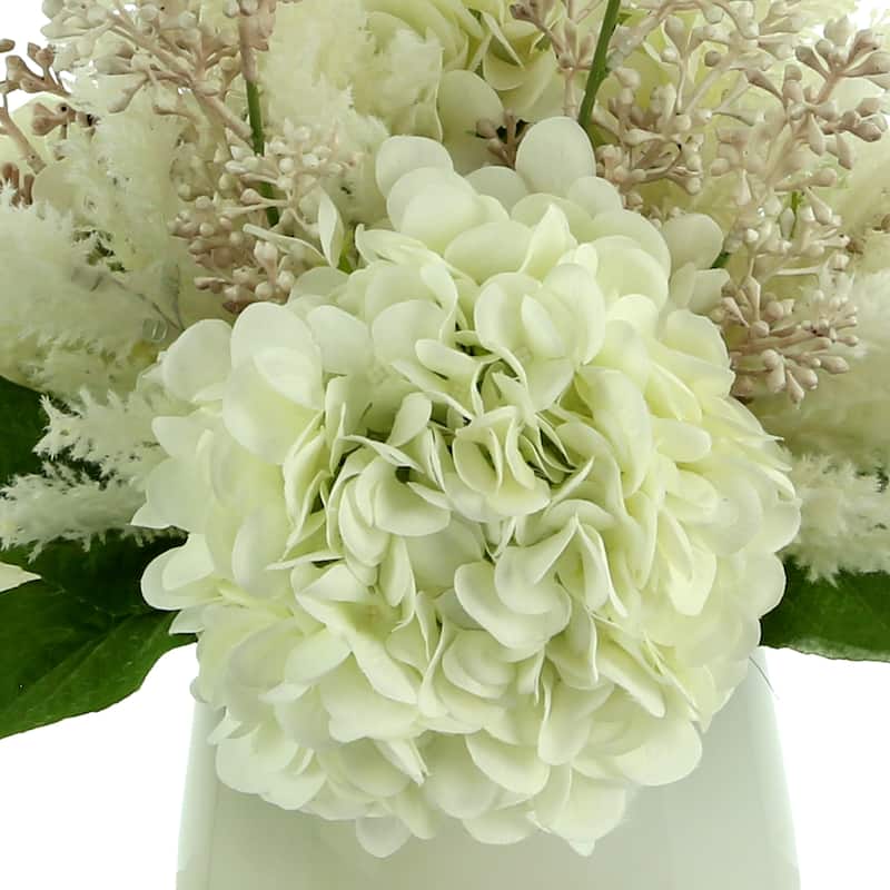 Hydrangea Floral Arrangement in a Glass Vase with Pampas and Seeded Eucalyptus - White, Pink