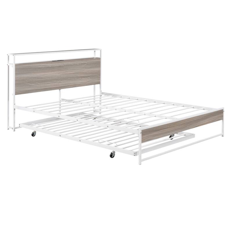 Full/Queen Platform Bed Frame with Trundle, USB Ports and Steel Slat Support, Metal and Wooden Bed Frame with Storage Headboard