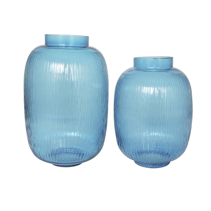 Glass Ribbed Decorative Vase - Set of 2 Blue - Roche River Decor