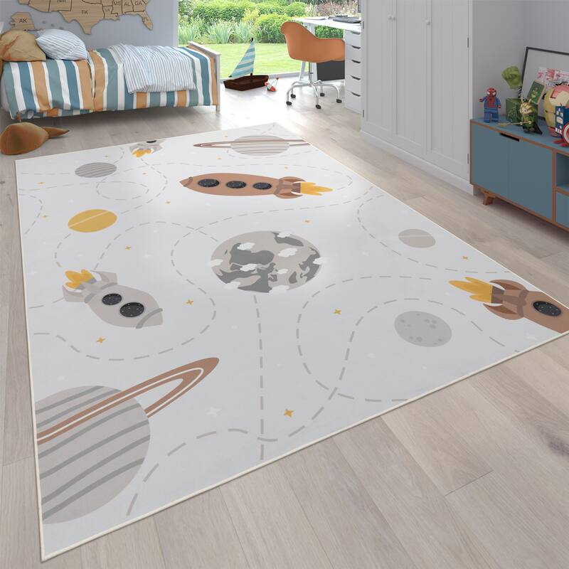 Space Kids Rug Non-Slip Play Mat with Rockets and Planets