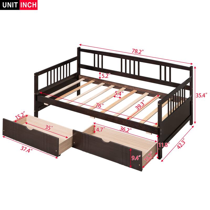 Space-Saving Twin Daybed with Storage Drawers - Sturdy Pine Wood Frame