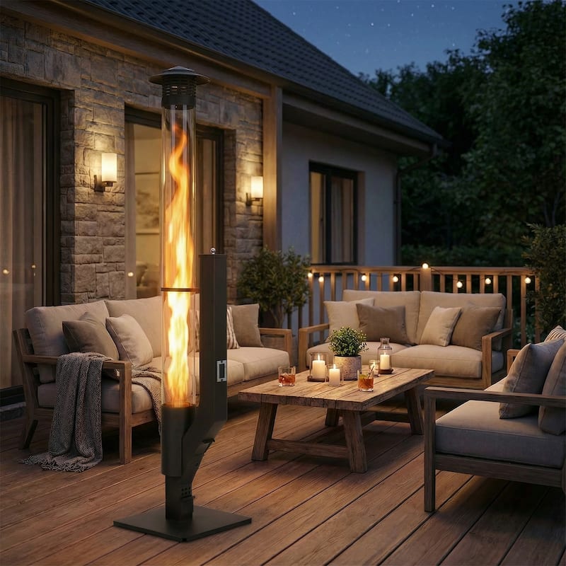 Aoodor Wood Pellet Heater with Rain Cap and Viewing Window for Patio Burning Flame - N/A - Black