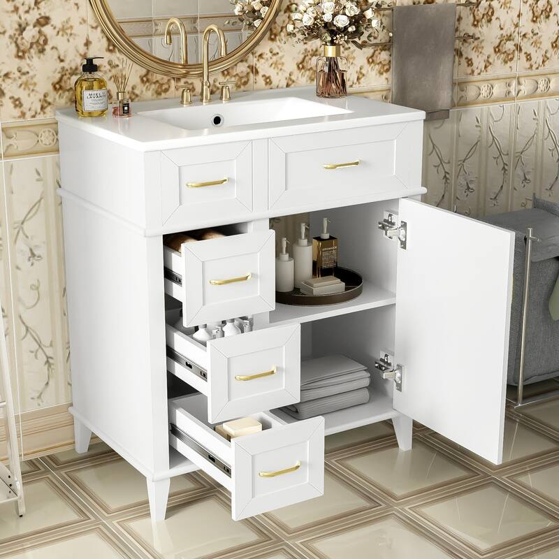 30-Inch Bathroom Vanity with Ceramic Sink, Adjustable Shelf, Soft Close Door, and Three Soft Close Drawers  - White