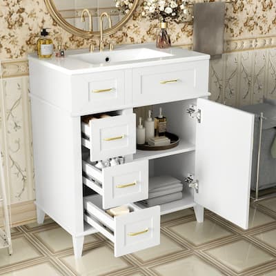 30-Inch Bathroom Vanity with Ceramic Sink, Adjustable Shelf, Soft Close Door, and Three Soft Close Drawers 