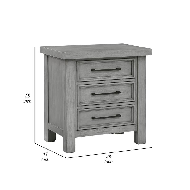 Daisy Nightstand, Gray Mango Veneer, 3 Drawers, Bronze Metal Knobs