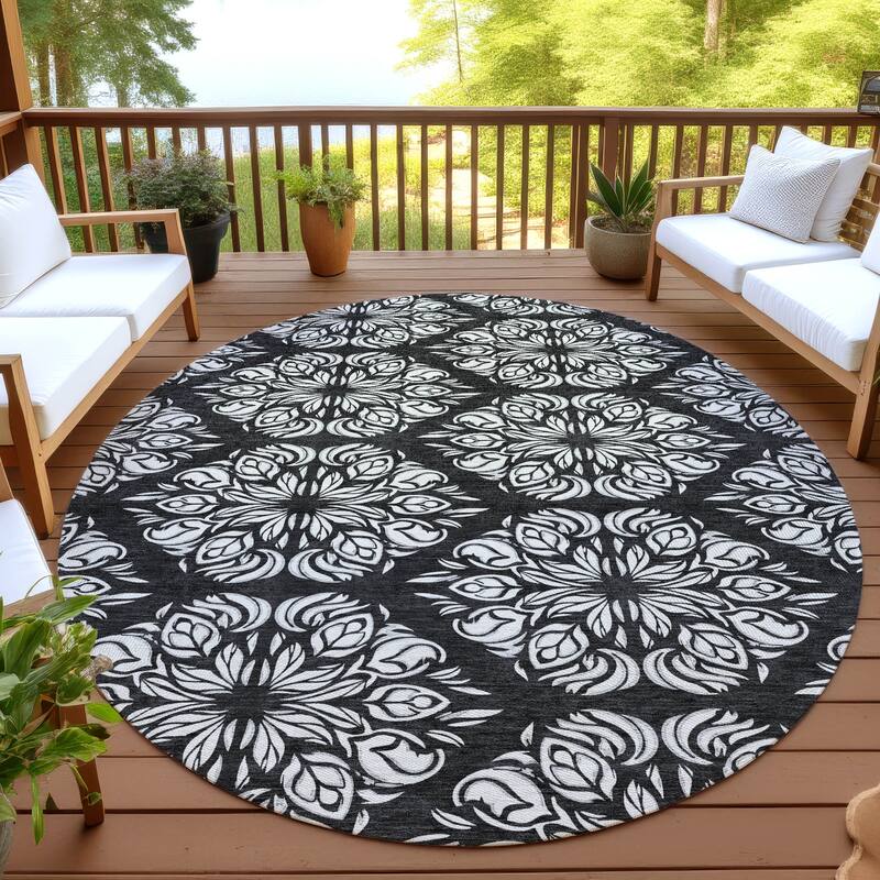 Machine Washable Indoor/ Outdoor Damask Pearl Chantille Rug - Black - 8' x 8'