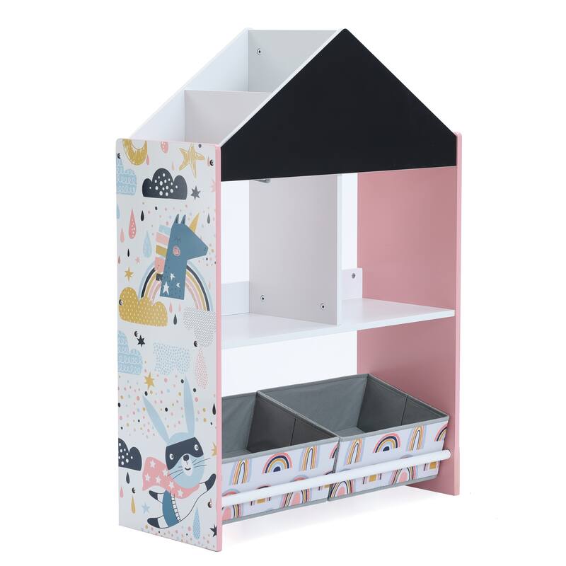 Children's Multi-Functional House Bookcase Toy Storage Bin Floor Cabinet with Blackboard