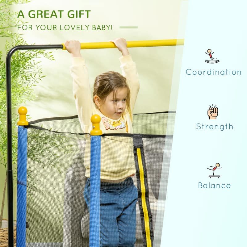 4.6' Kids Trampoline with Basketball Hoop Horizontal Bar 55" Indoor with Net Small Springfree for Ages 3-10 Blue