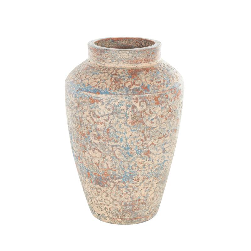 Beige Ceramic Handmade Antique Style Scroll Decorative Vase with Blue and Copper Accents