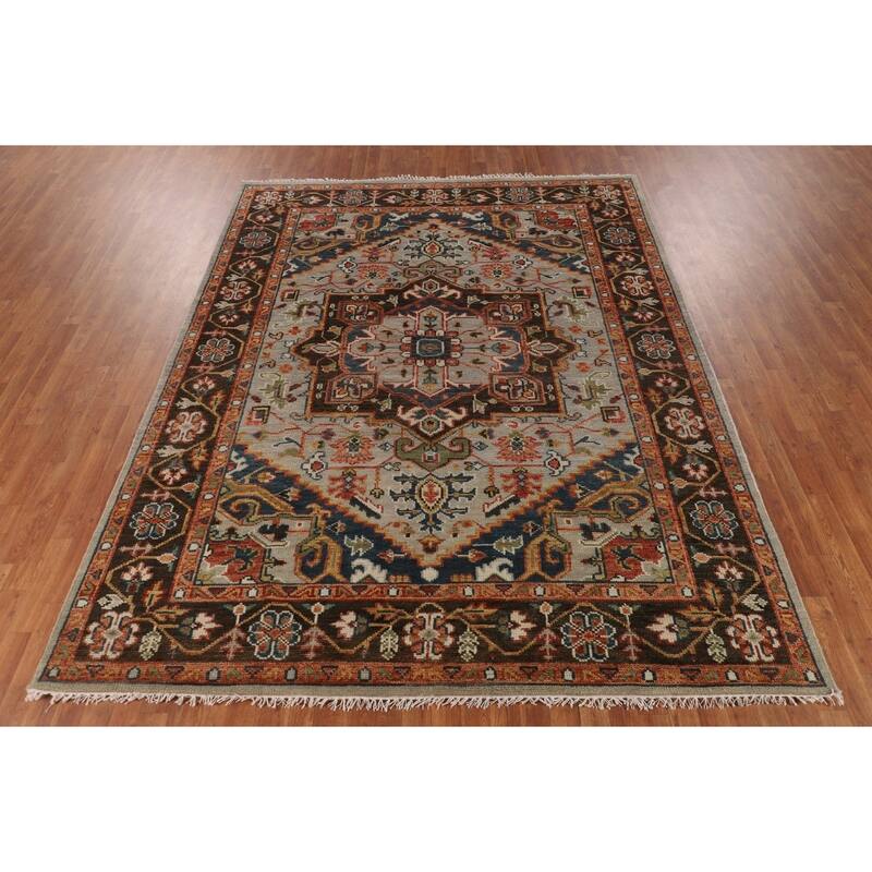 Geometric Heriz Serapi Indian Area Rug Hand-Knotted Grey Wool Carpet - 7'9"x 9'11"