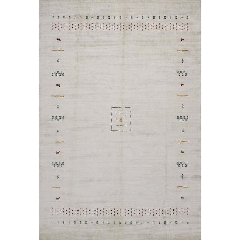 Hand Knotted Oriental 100% Wool Carpet Tribal Animal Pictorial Beige & Ivories Gabbeh Area Rug - 12' 1'' X 9' 3''