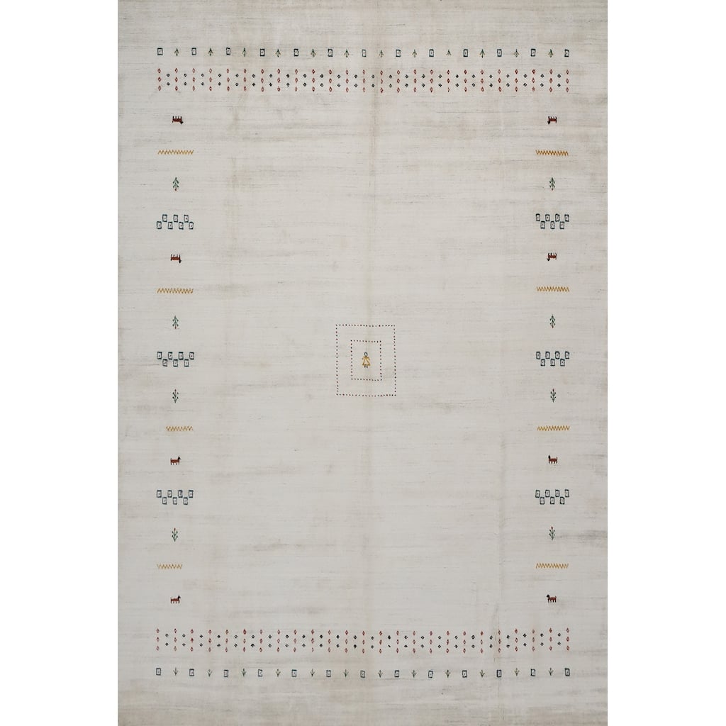 Hand Knotted Oriental 100% Wool Carpet Tribal Animal Pictorial Beige & Ivories Gabbeh Area Rug - 12' 1'' X 9' 3''