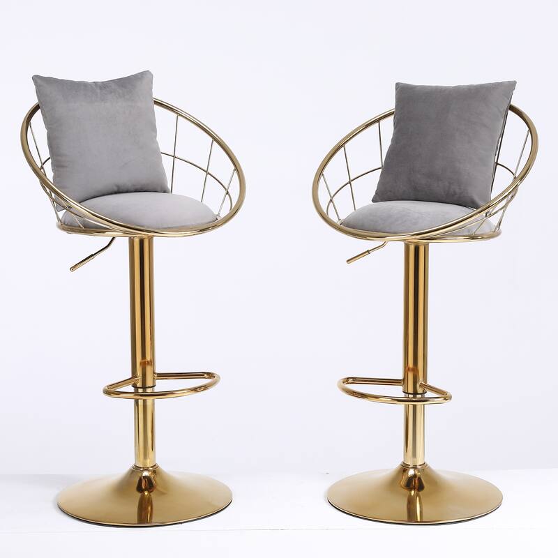 360 Degree Rotation Adjustable Height Velvet Bar Stool, Gold Plated Footrest and Base set of 2