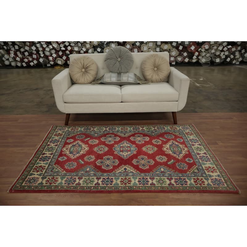 Hand Knotted Oriental 100% Wool Carpet Traditional Geometric Red Kazak Area Rug - 6' 0'' X 3' 11''