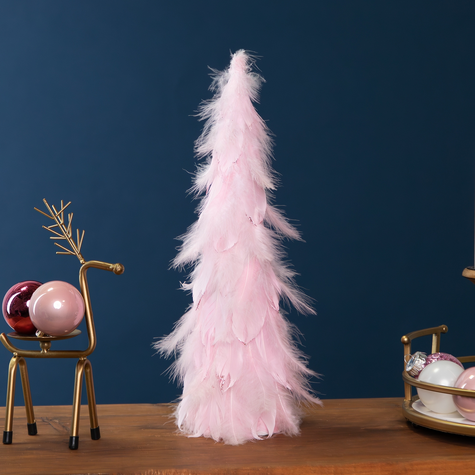 Small Layered Feather Cone Tree Glitter Christmas Decoration 16" Pink