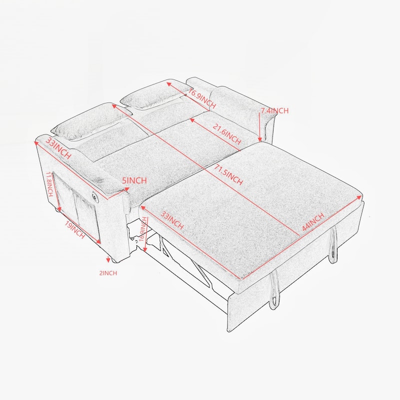 55" Velvet Two Seater Pull Out Sofa Bed, Adjustable Backrest With USB Ports, Two Side Pockets