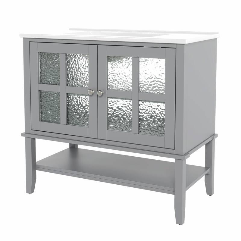 36" Bathroom Vanity with Ceramic Sink, Adjustable Shelf and Open Shelf, Solid Wood Legs, Waterproof Painted Finish